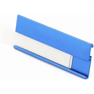 A blue promotional product featuring a sleek, metal design with a white section. It includes a logo.