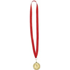 A gold medal with a circular design hangs from a red ribbon. The medal features a logo at its centre.