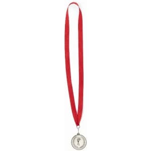 A silver medal with a red ribbon. The medal features a circular design and has a branding logo.
