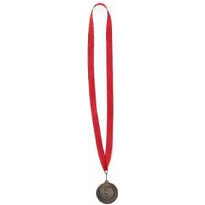 A medal with a round bronze pendant on a red ribbon, hanging vertically.