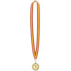 A gold medal with a ribbon featuring red and yellow stripes, hanging from a loop.