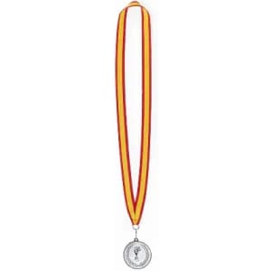 A silver medal on a red and yellow ribbon, featuring a circular design and a central emblem.