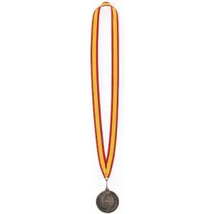 A medal with a round bronze pendant, suspended from a red and yellow striped ribbon.