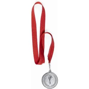 A silver medal with a red ribbon. The medal features an intricate design and a loop for attachment.