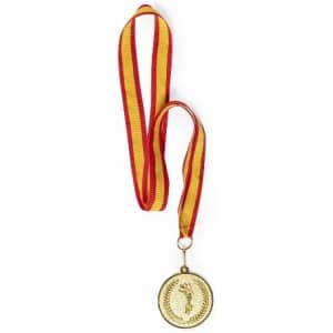 A gold medal with a decorative ribbon featuring red and yellow stripes. The medal has a symbol on its front.