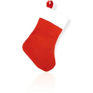 A red Christmas stocking with a white cuff, featuring a loop for hanging.