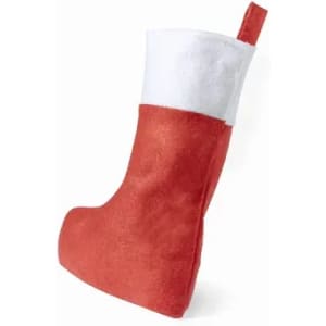 A red and white stocking, made of soft fabric, with a small loop for hanging.