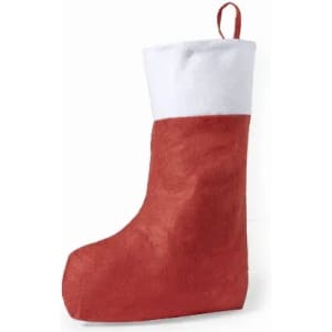A red Christmas stocking with a white cuff and a hanging loop, made of soft fabric.
