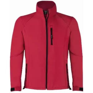 A red jacket with a zippered front, featuring a high collar and multiple zippered pockets. It has a logo on the chest.