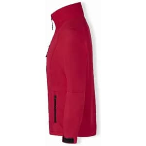 A red jacket with a high collar and side zip pocket, featuring a sleek design.