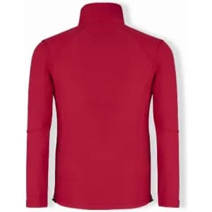 A red long-sleeved shirt with a high collar and a smooth texture, featuring a logo on the back.