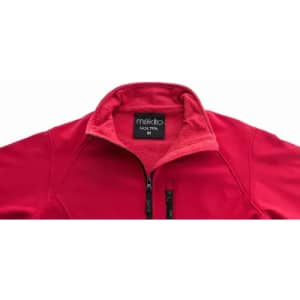 A red zippered jacket featuring a high collar and a branding label at the neck.