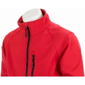 A red jacket featuring a high collar and zippered pockets, with a sleek design.