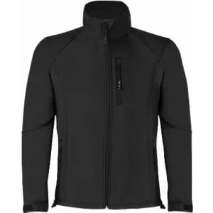 A black jacket with a high collar, front zipper, and multiple pockets on the sides. It has a sleek, modern design.