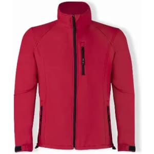 A red jacket with a high collar, featuring zippered pockets and a streamlined design. It has a logo on the chest.
