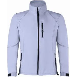 A light grey jacket with a high collar and zippered pockets, featuring a sleek design and a logo.
