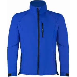 A blue zip-up jacket with a high collar and multiple zippered pockets. It features a sleek, modern design.