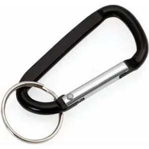 A black carabiner with a silver keyring attachment. It has a simple and functional design.