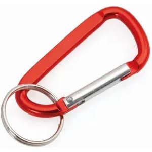 A red aluminium carabiner with a silver key ring attached, featuring a simple, lightweight design.