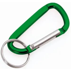 A green carabiner with a silver keyring attached, designed for various carrying purposes.
