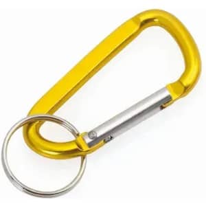 A yellow carabiner with a silver keyring attached, featuring a sturdy design for easy attachment.