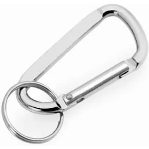 A metal carabiner clip with a keyring attachment, featuring a shiny silver finish.