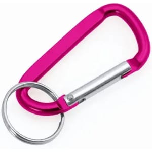 A pink carabiner with a silver metal ring, designed for keychains or attaching items.