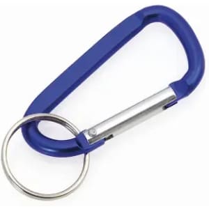 A blue carabiner keychain with a silver metal key ring attached.