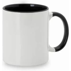 A drink mug with a white exterior and a black interior and handle, featuring a logo on its side.