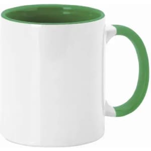 A drink bottle featuring a white body with a green handle and rim, displaying a smooth finish. It has a logo.