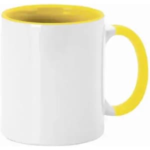 A drink bottle with a white body and bright yellow handle and rim, featuring a logo.