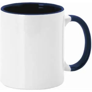 A drink bottle featuring a white exterior with a navy blue handle and rim. Contains a plain design.