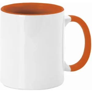 A drink bottle with a white exterior and vibrant orange interior and handle, featuring a simple design.