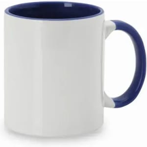 A white ceramic mug with a navy blue handle and interior, featuring a plain design and no text.