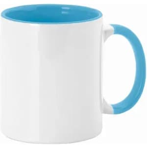 A mug with a white body and a blue interior and handle, featuring a logo on one side.
