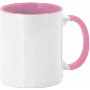 A drink bottle featuring a white body with a pink handle and inner rim, and a simple design.
