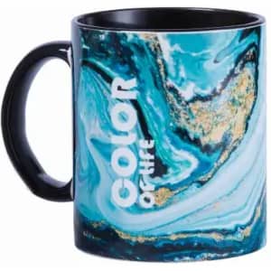 A drink mug in blue and black with a marbled design and a logo on the side.