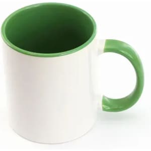 A white mug with a green interior and handle, featuring a smooth finish and a simple design.