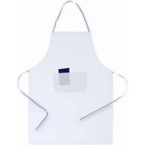 A white apron with a pocket, featuring ties on the sides and a simple design.