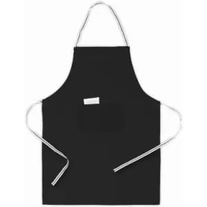 A black apron with white ties and a front pocket, featuring a small logo on the chest area.