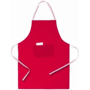 A red apron with a front pocket and strings for securing around the neck and waist.