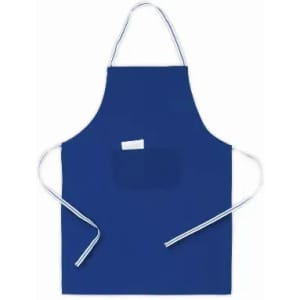 A blue apron with a front pocket and ties on either side. It has a logo on the pocket area.