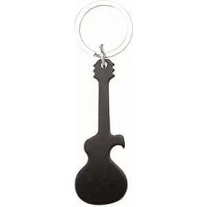 A keyring featuring a black guitar-shaped design with a silver keychain attachment.