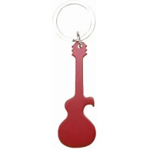 A red guitar-shaped keychain with a metal ring for attachment.