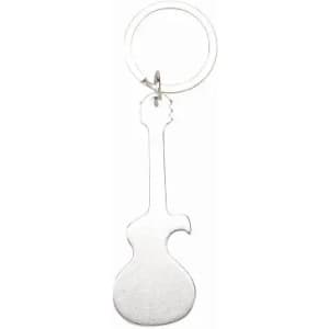 A keychain shaped like a guitar, made of silver metal, featuring a smooth finish and a circular keyring.