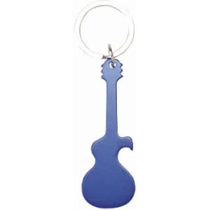 A keyring in the shape of a blue guitar, featuring a silver metal ring for attachment.