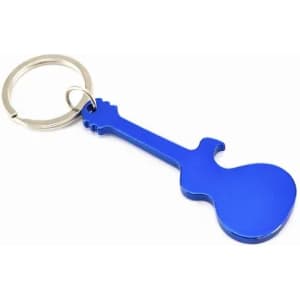 A keyring shaped like a blue guitar, made from metal with a silver keyring attachment.