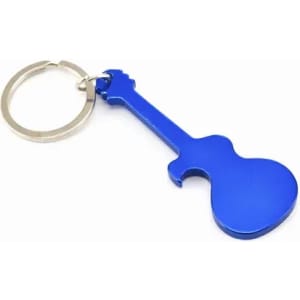 A blue guitar-shaped keyring with a metal keychain attached.