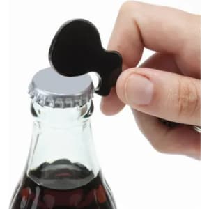 A drink bottle with a glass body and a silver cap, being opened with a black bottle opener.