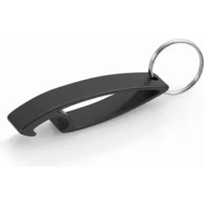 A black keyring bottle opener with a sleek design and a circular attachment ring.